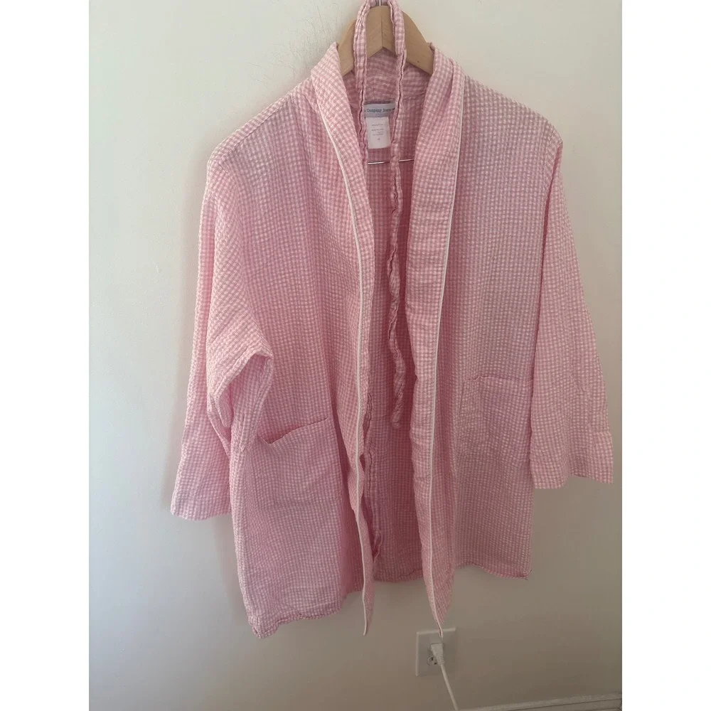 The Company Store Pink Gingham Seersucker Cotton Robe Shawl Collar Medium
